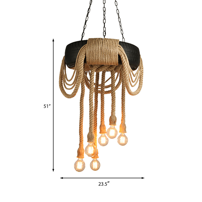 6 Lichter nackte Glühbirne Anhänger Kronleuchter Industrial Beige Seildecke mit Reifendesign