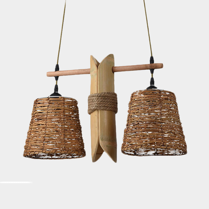 Seil Barrel Hanging Kronleuchter Bauernhaus 2 Lichter Restaurant Anhängerlampe in Beige mit Bambusplatte Deco