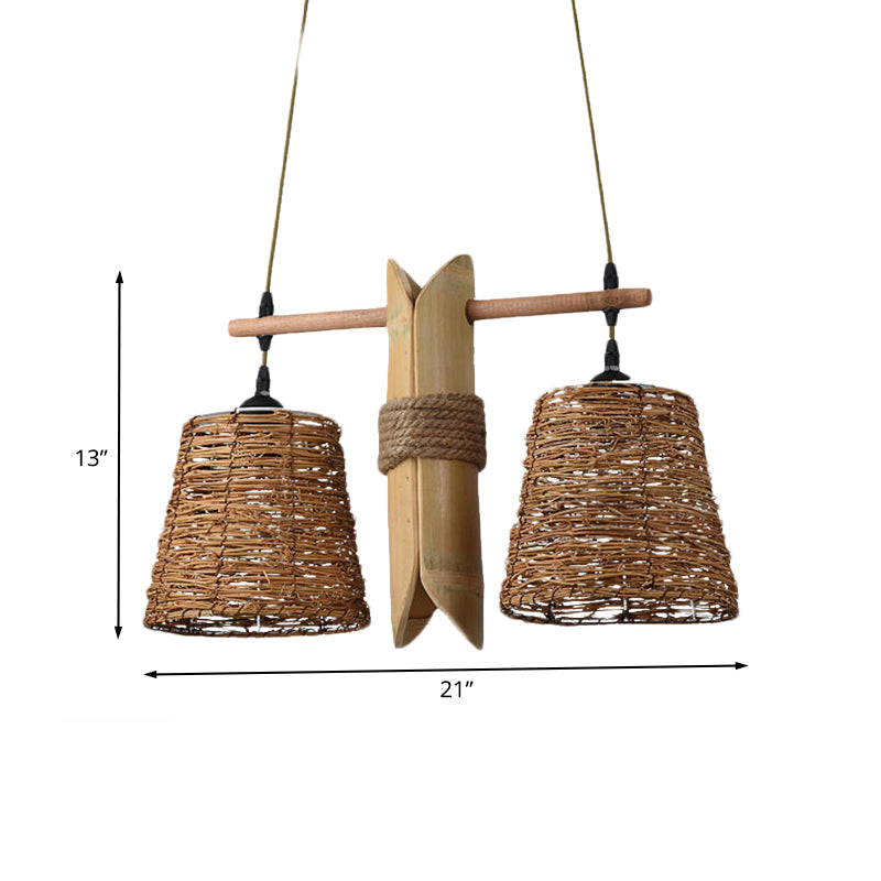 Seil Barrel Hanging Kronleuchter Bauernhaus 2 Lichter Restaurant Anhängerlampe in Beige mit Bambusplatte Deco