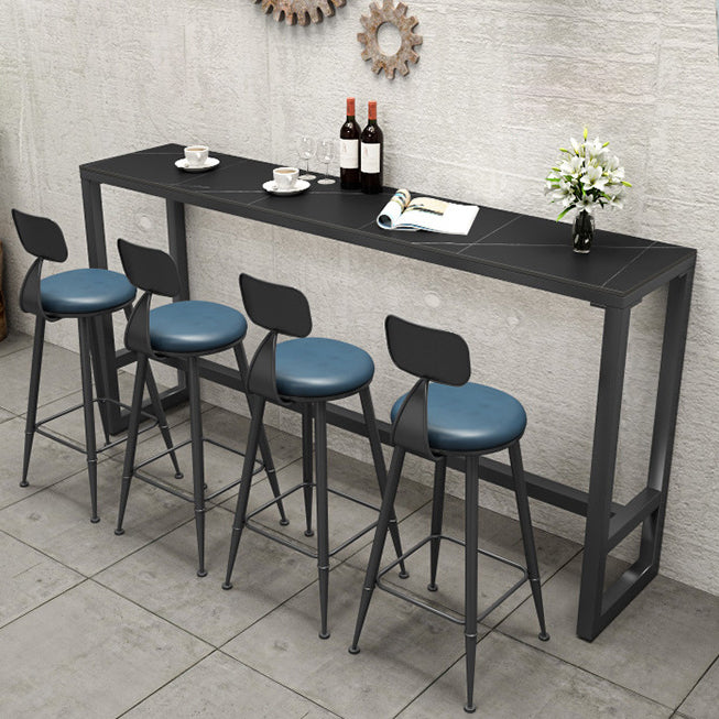 Stone Bar Table Industrial Bar Dining Table with Trestle Base in Black