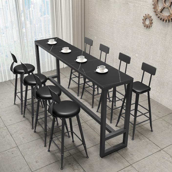 Stone Bar Table Industrial Bar Dining Table with Trestle Base in Black