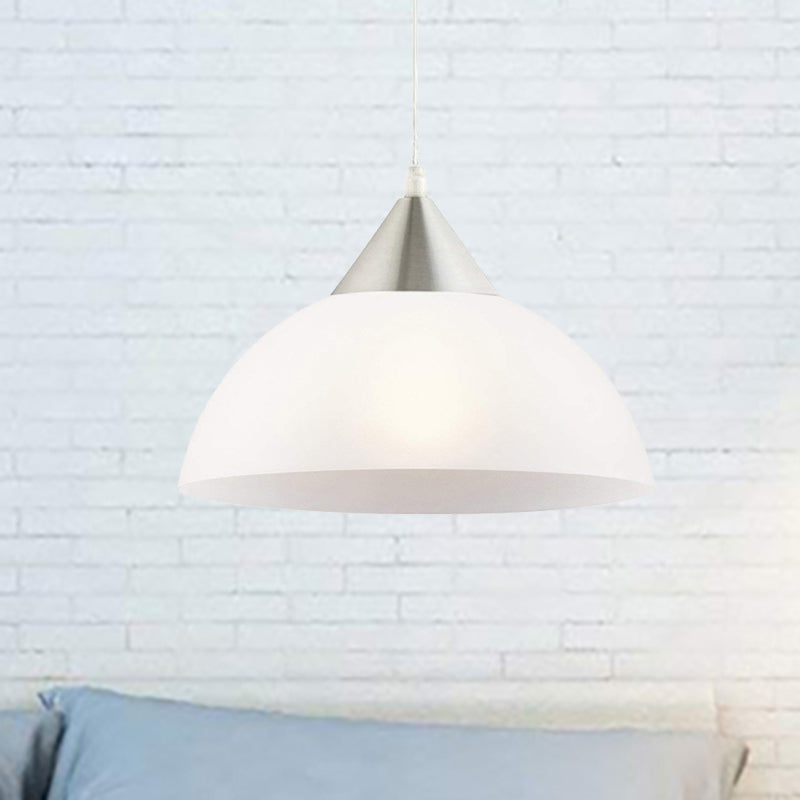 Contemporary 1 Light Suspension Pendant with White Glass Shade Nickel Dome Ceiling Pendant Light