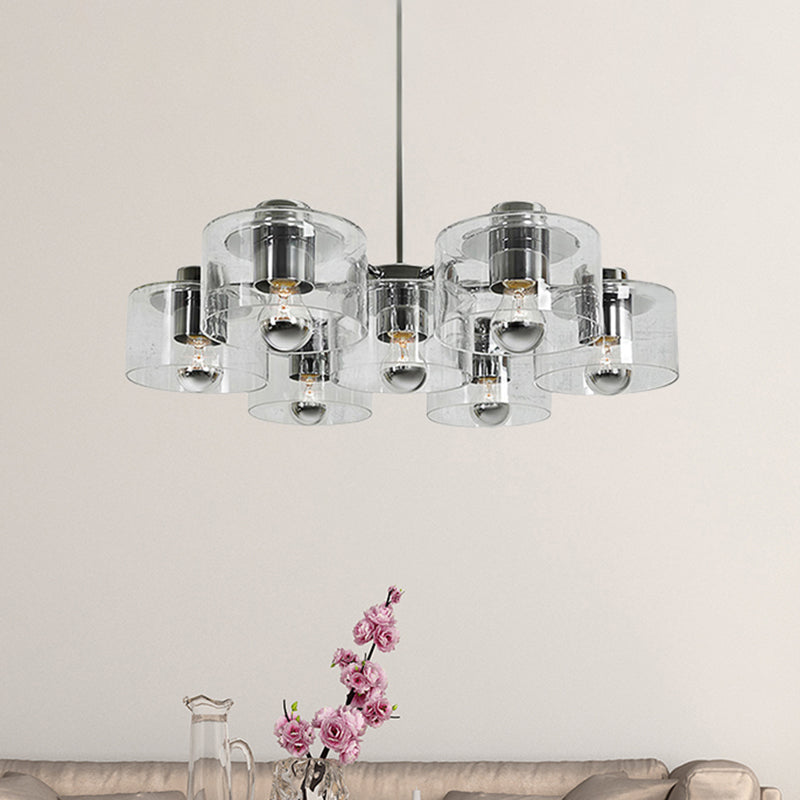 Study Room Drum Pendant Lighting Clear Glass 7 Heads Simple Style Chrome E27 Chandelier