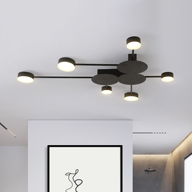 Linear Child Bedroom Semi Flush Ceiling Light with Drum Shade Metal Modern Ceiling Lamp in Black