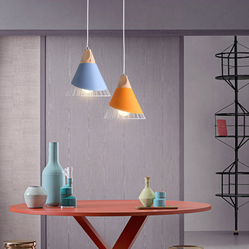 Modern Dining Room Ceiling Pendant Light Wood Cone Hanging Light with 1 Light