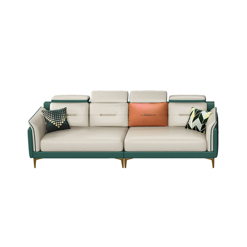 Stain-Resistant Faux Leather Sofa Living Room Green and Beige Couch with Flared Arms