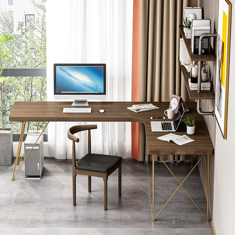 Glam Style Office Desk Solid Wood L-Shaped Desk with Gold Frame