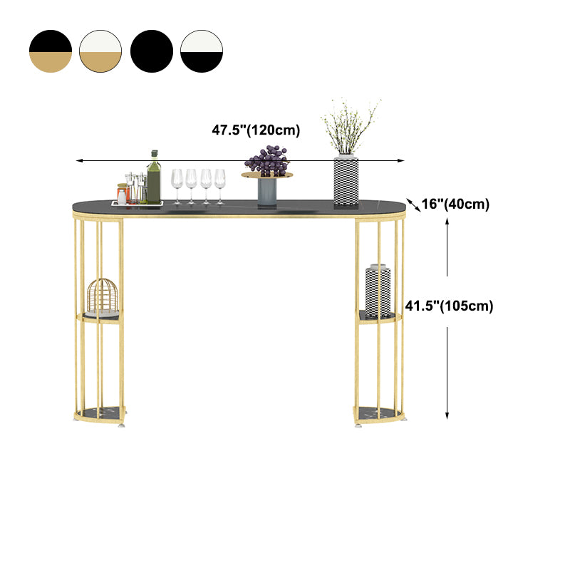 Glam Iron Bar Dining Table Stone Top Oval Indoor Bistro Table with 2-Shelf Fixed Table