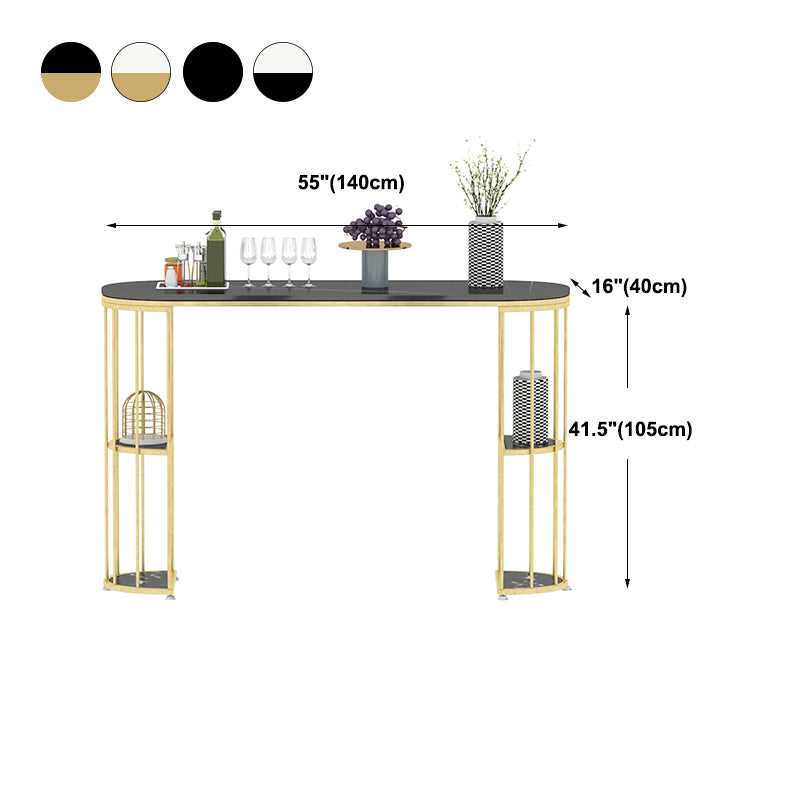 Glam Iron Bar Dining Table Stone Top Oval Indoor Bistro Table with 2-Shelf Fixed Table