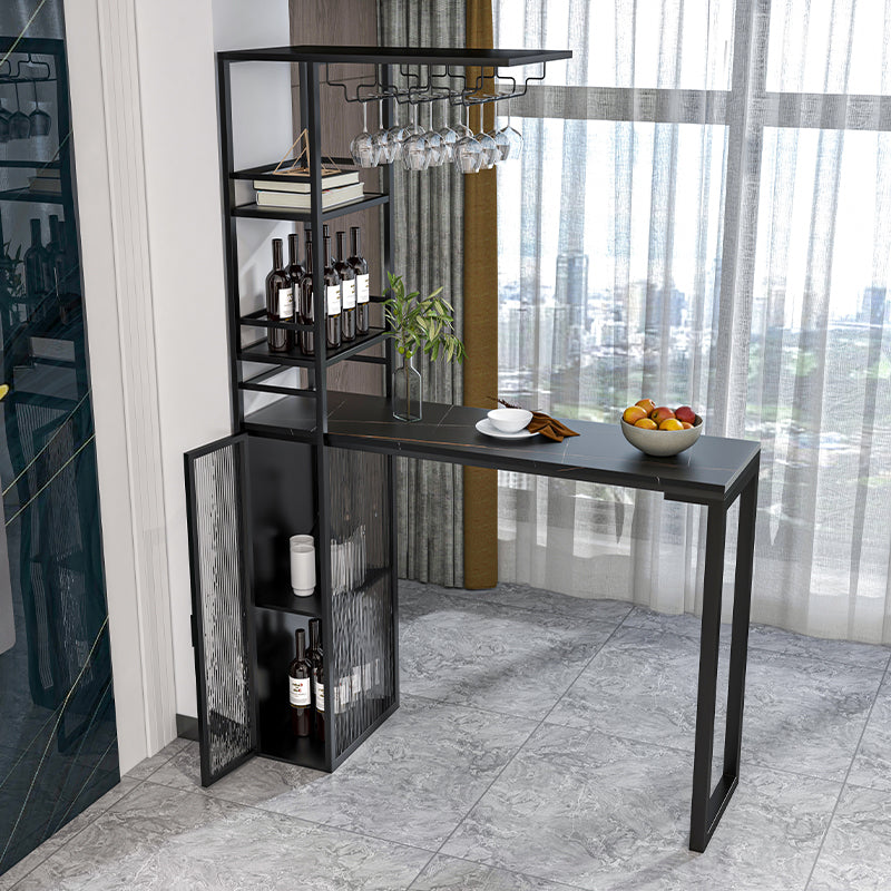 Modern Iron Bistro Table Stone Top Rectangle Indoor Bar Dining Table with Wine Rack