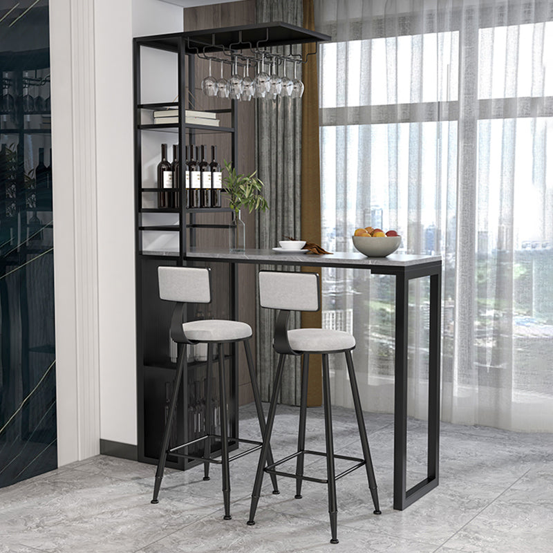 Modern Iron Bistro Table Stone Top Rectangle Indoor Bar Dining Table with Wine Rack