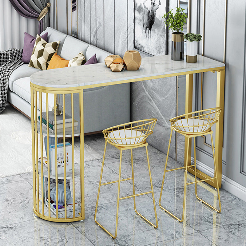 Glam Gold Iron Bar Dining Table White Stone Top Indoor Bistro Table with Shelf