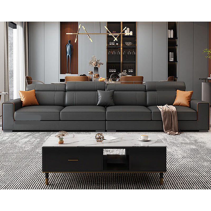 Square Arm Sectional Dark Gray Cushion Back Storage Faux Leather Living Room Sofa