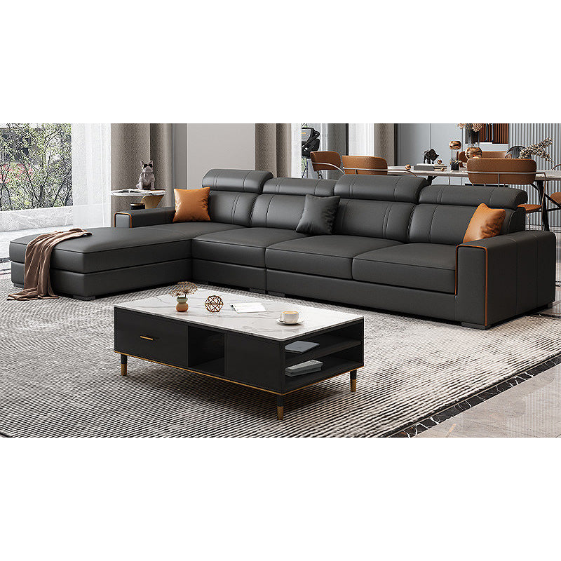 Square Arm Sectional Dark Gray Cushion Back Storage Faux Leather Living Room Sofa