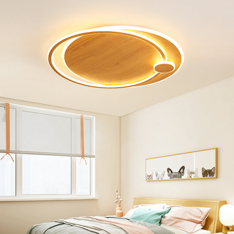 Wooden Ceiling Light 1-Light Round Modern Flush Mount Light for Living Room