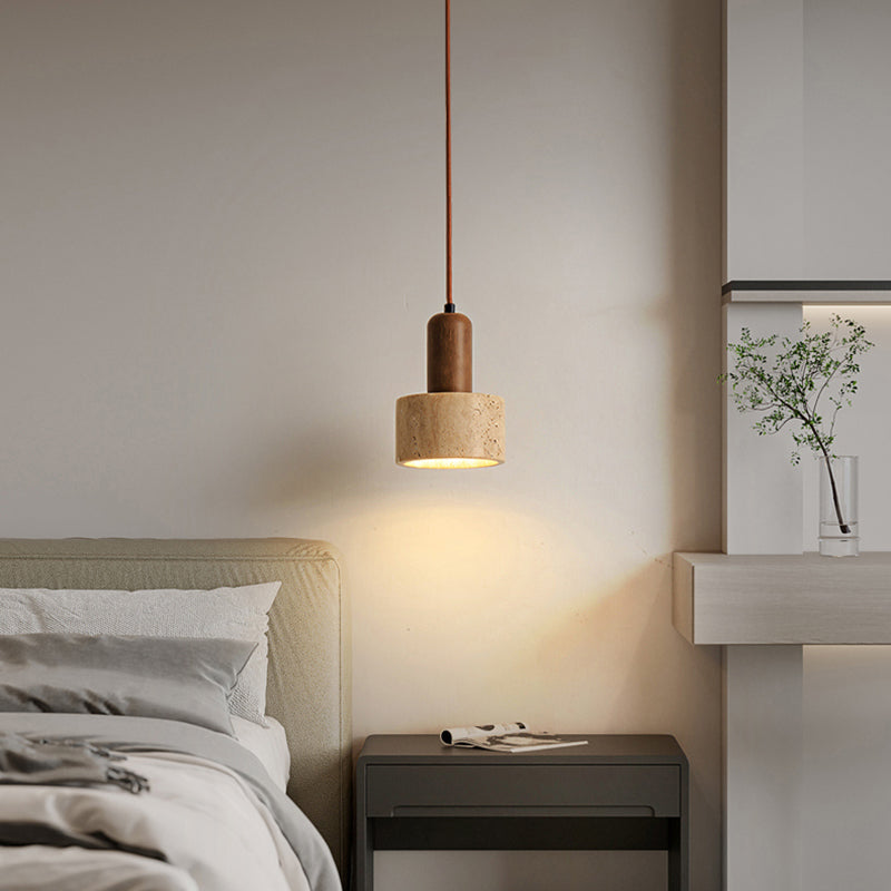 Modern Stone Hanging Lamp 1-Light Pendant Lamp with Wood for Bedroom