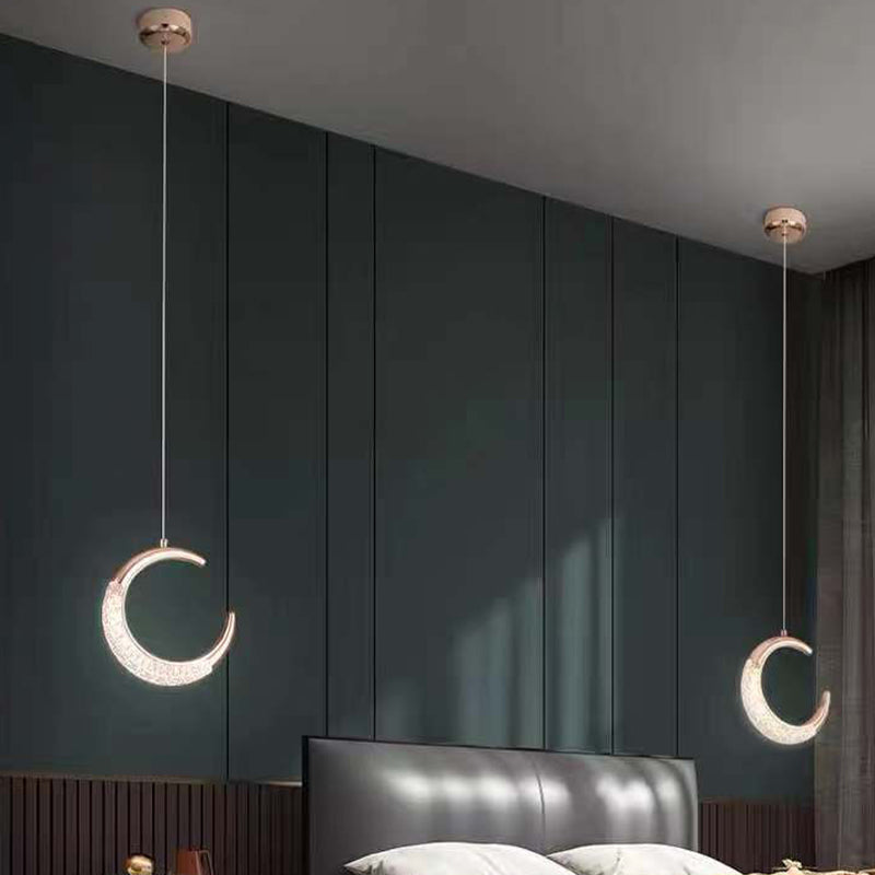 Nordic Style Metal Pendant Light Moon Shape Ceiling Lamp with Acrylic Shade for Bedroom