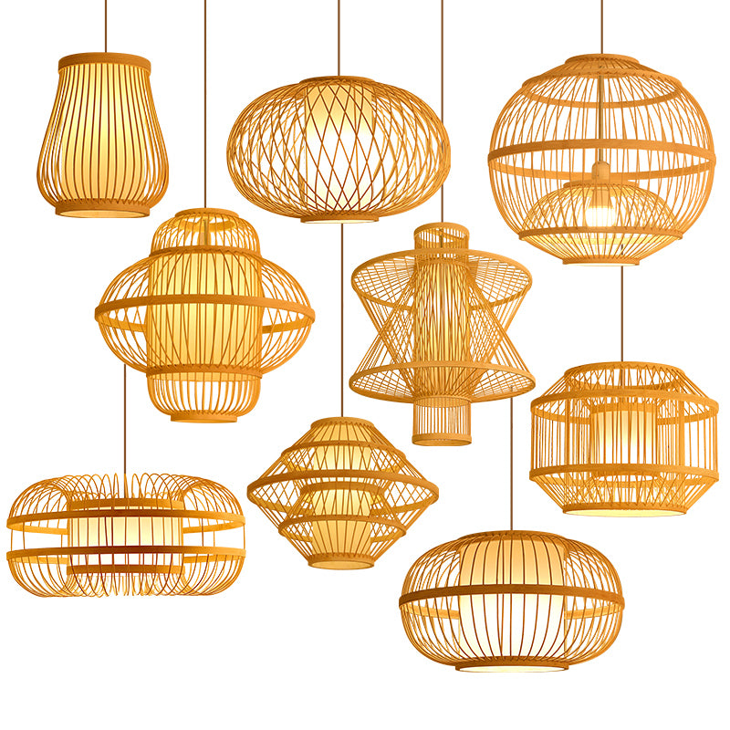 Chinese Style Bamboo Pendant Light Geometric Hanging Pendant for Restaurant