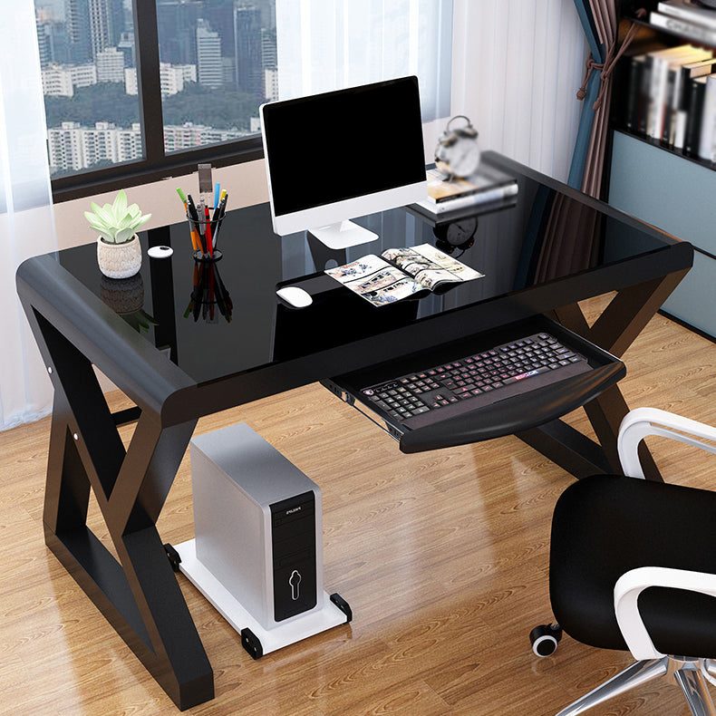 Modern Toughened Glass Computer Desk Rectangular Desk with Keyboard Tray