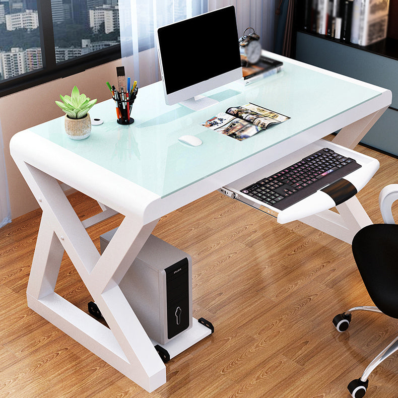 Modern Toughened Glass Computer Desk Rectangular Desk with Keyboard Tray