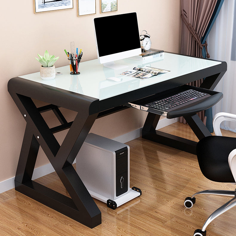 Modern Toughened Glass Computer Desk Rectangular Desk with Keyboard Tray