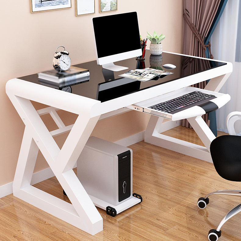 Modern Toughened Glass Computer Desk Rectangular Desk with Keyboard Tray