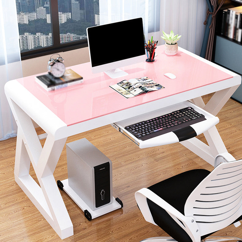 Modern Toughened Glass Computer Desk Rectangular Desk with Keyboard Tray