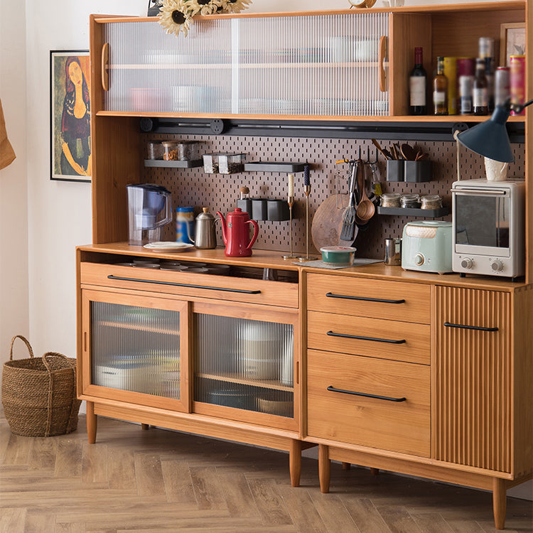 Pine Wood Living Room Sideboard Cabinet Modern Credenza with Drawers and Glass Door