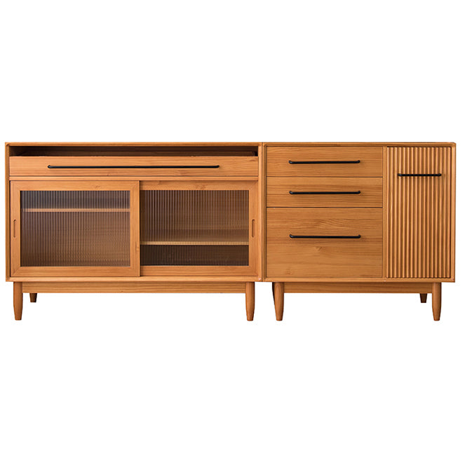 Pine Wood Living Room Sideboard Cabinet Modern Credenza with Drawers and Glass Door