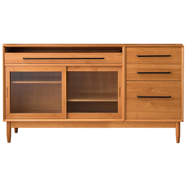 Pine Wood Living Room Sideboard Cabinet Modern Credenza with Drawers and Glass Door