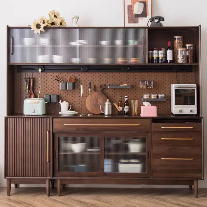 Pine Wood Living Room Sideboard Cabinet Modern Credenza with Drawers and Glass Door