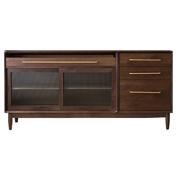 Pine Wood Living Room Sideboard Cabinet Modern Credenza with Drawers and Glass Door