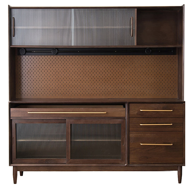 Pine Wood Living Room Sideboard Cabinet Modern Credenza with Drawers and Glass Door