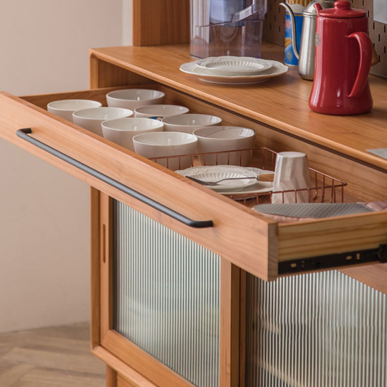 Pine Wood Living Room Sideboard Cabinet Modern Credenza with Drawers and Glass Door