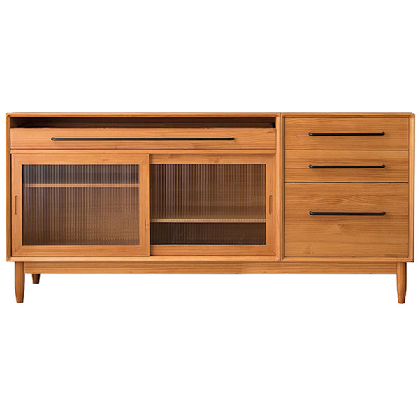 Pine Wood Living Room Sideboard Cabinet Modern Credenza with Drawers and Glass Door