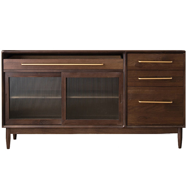 Pine Wood Living Room Sideboard Cabinet Modern Credenza with Drawers and Glass Door