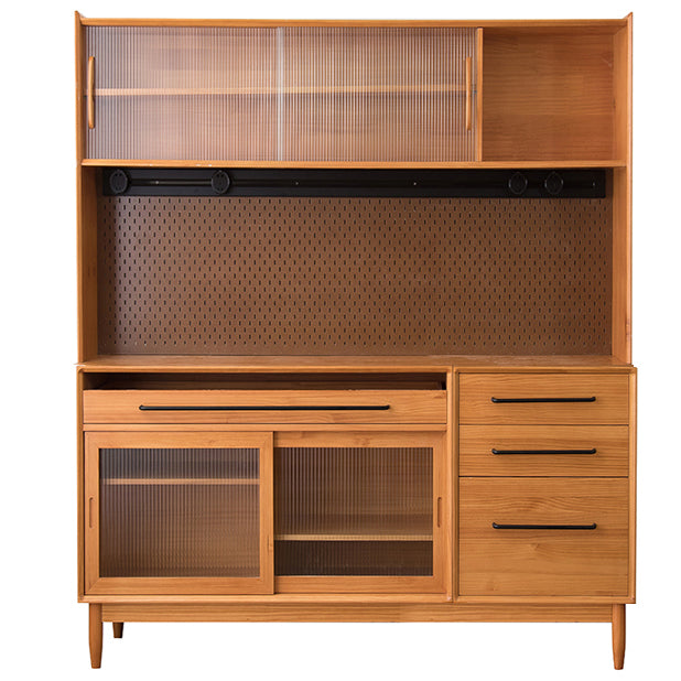 Pine Wood Living Room Sideboard Cabinet Modern Credenza with Drawers and Glass Door