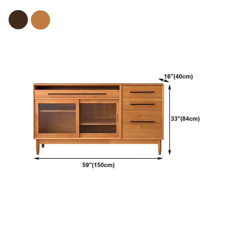 Pine Wood Living Room Sideboard Cabinet Modern Credenza with Drawers and Glass Door