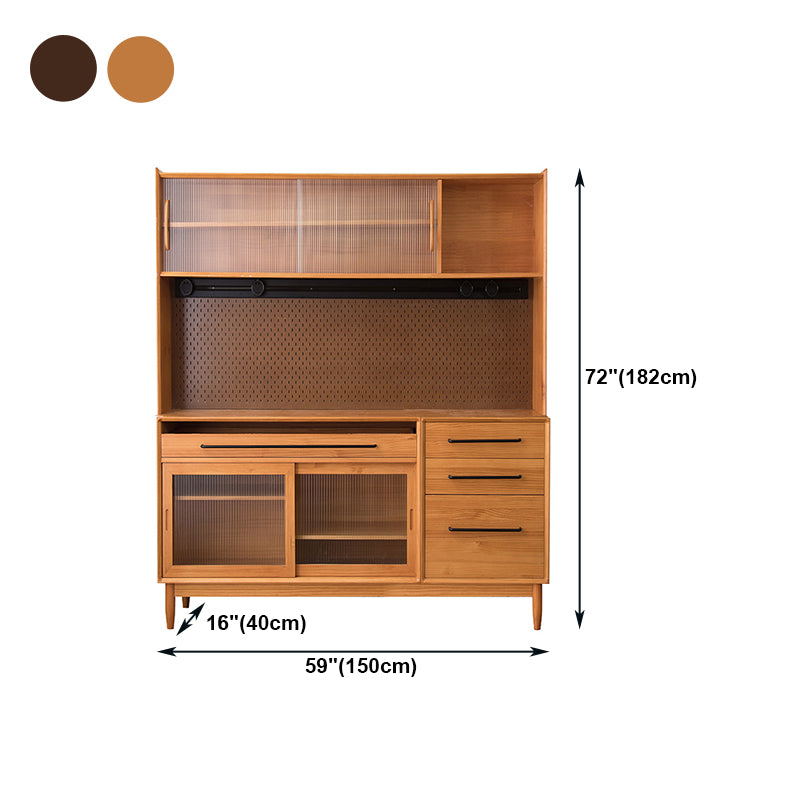 Pine Wood Living Room Sideboard Cabinet Modern Credenza with Drawers and Glass Door