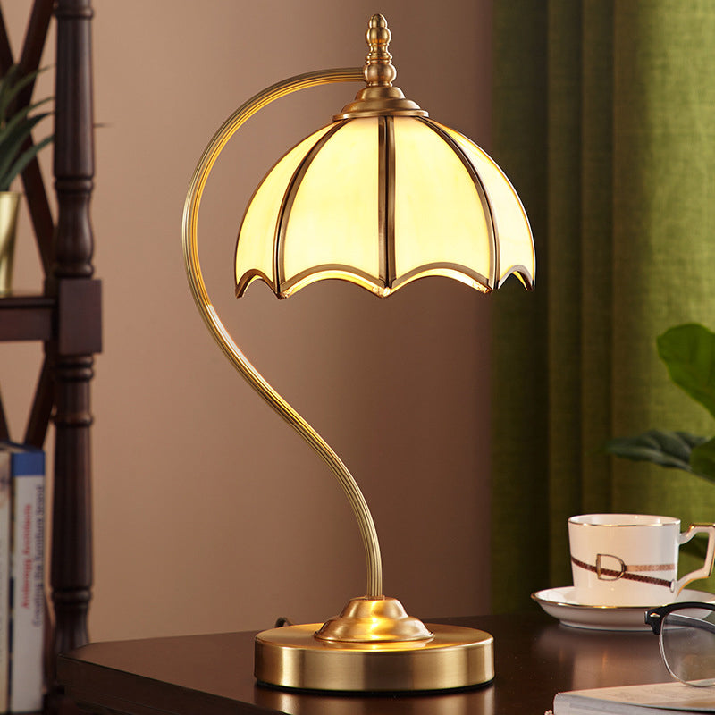 European Style Umbrella-shape Table Lamp Copper Desk Lamp with Glass Shade for Bedside