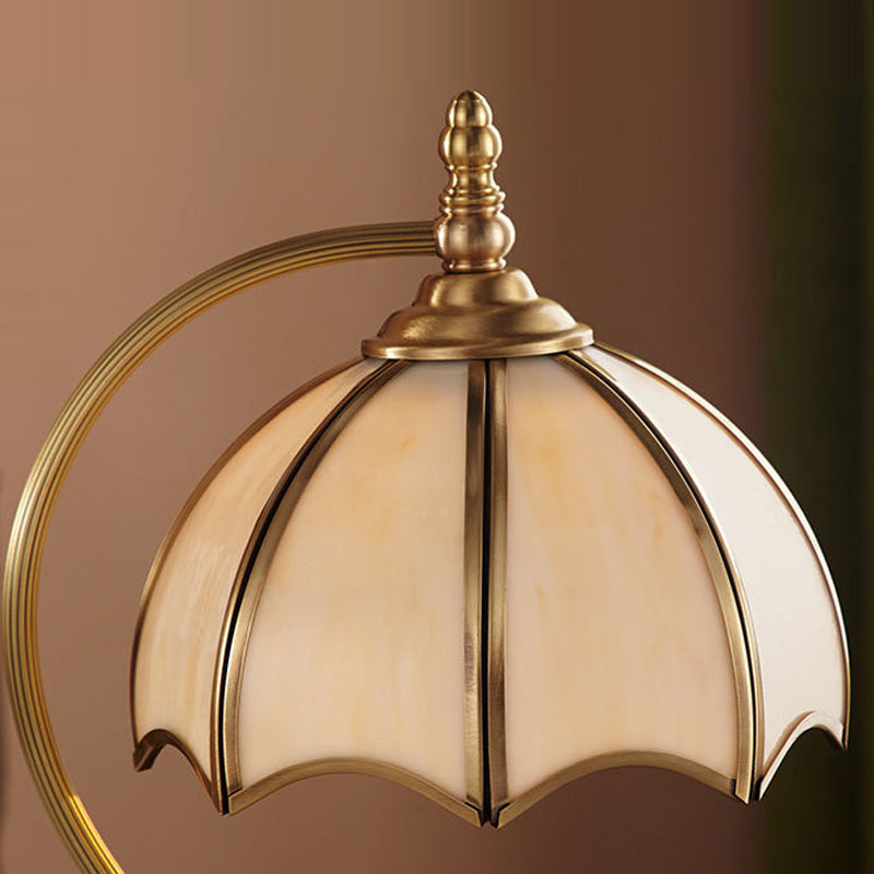 European Style Umbrella-shape Table Lamp Copper Desk Lamp with Glass Shade for Bedside