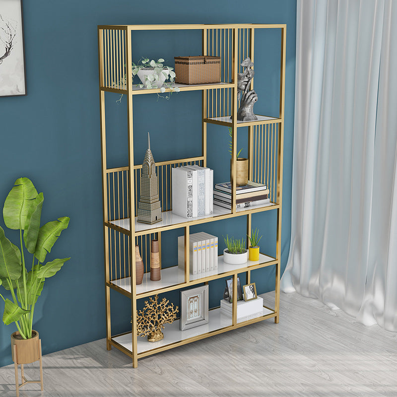 Contemporary Etagere Bookshelf Iron Frame White Manufactured Wood Shelf Bookcase