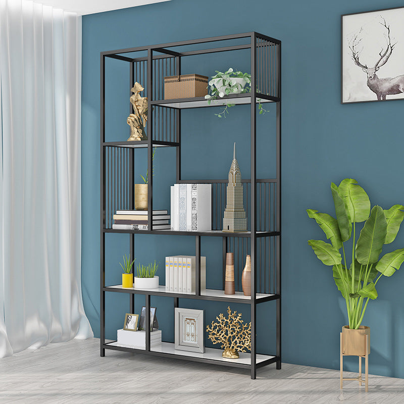 Contemporary Etagere Bookshelf Iron Frame White Manufactured Wood Shelf Bookcase