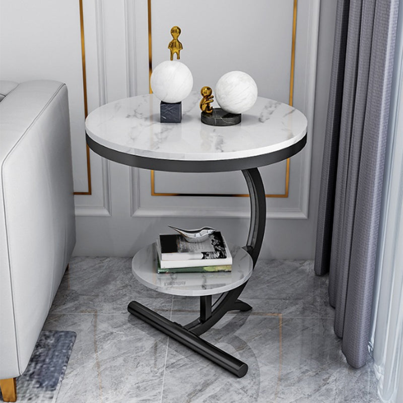 Pedestal End Table Contemporary Style 23.62" Faux Marble/ Stone Top Side Table with Shelf