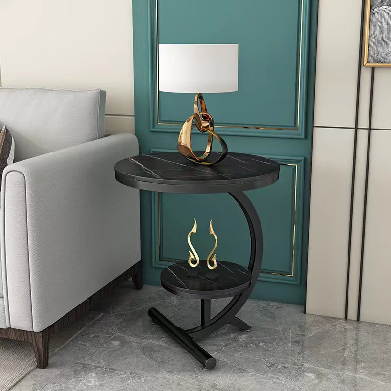 Pedestal End Table Contemporary Style 23.62" Faux Marble/ Stone Top Side Table with Shelf