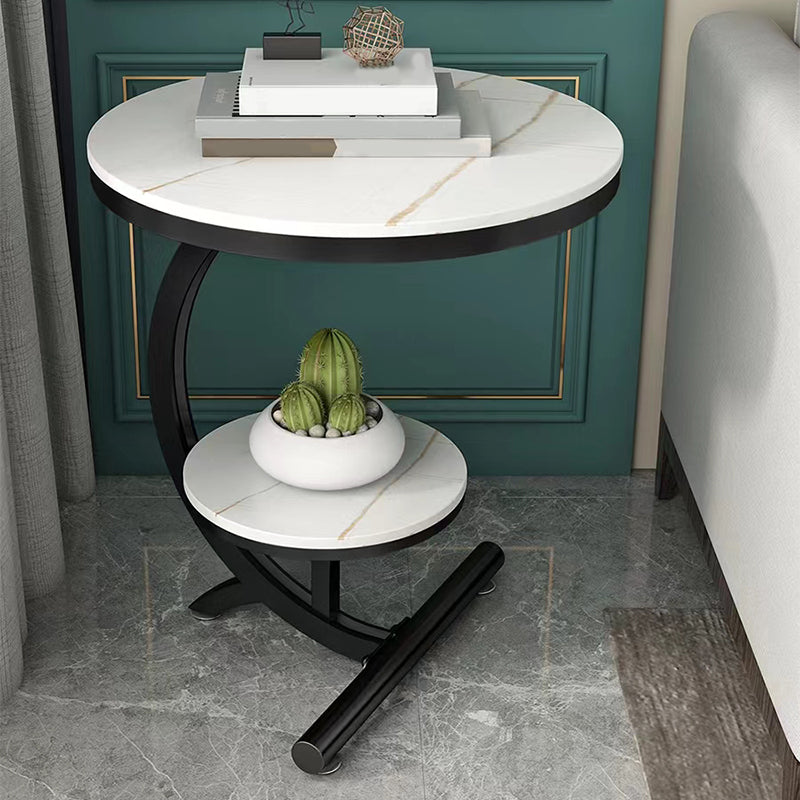 Pedestal End Table Contemporary Style 23.62" Faux Marble/ Stone Top Side Table with Shelf