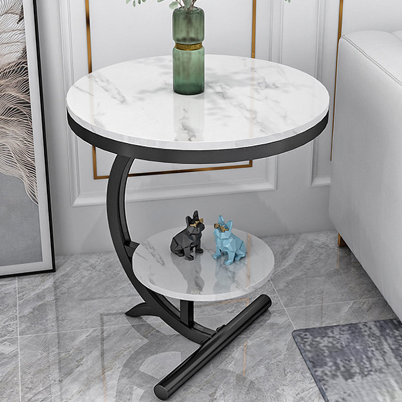 Pedestal End Table Contemporary Style 23.62" Faux Marble/ Stone Top Side Table with Shelf