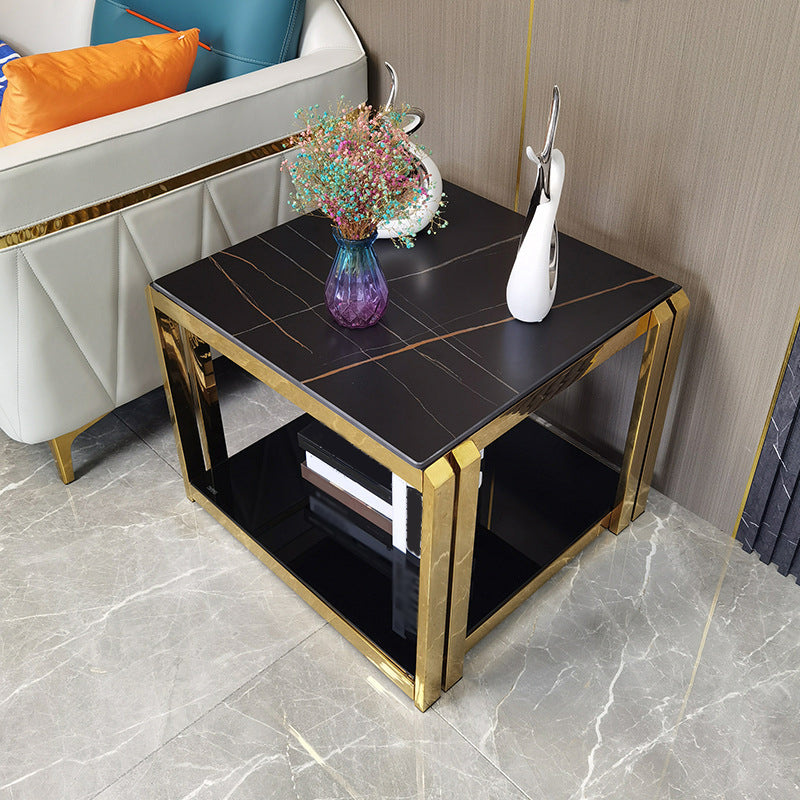 Modern Square Stone Top Side Table Stainless Steel Block End Snack Table