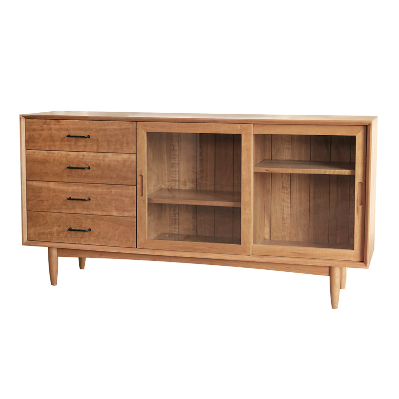 4-Drawer Pine Wood Credenza Modern Glass Sliding Door Cabinets Sideboard for Living Room