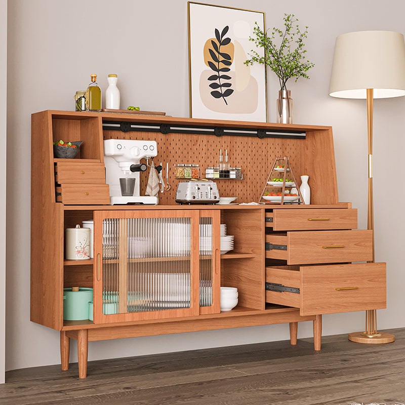 5-Drawer Pine Wood Credenza Modern Glass Sliding Door Cabinets Sideboard for Living Room